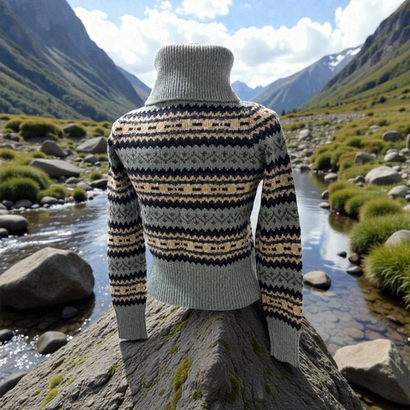 MaxMara Wool Turtleneck Sweater~Woven Pattern in Blue,Charcoal,Cream  size Small - Picture 12 of 16